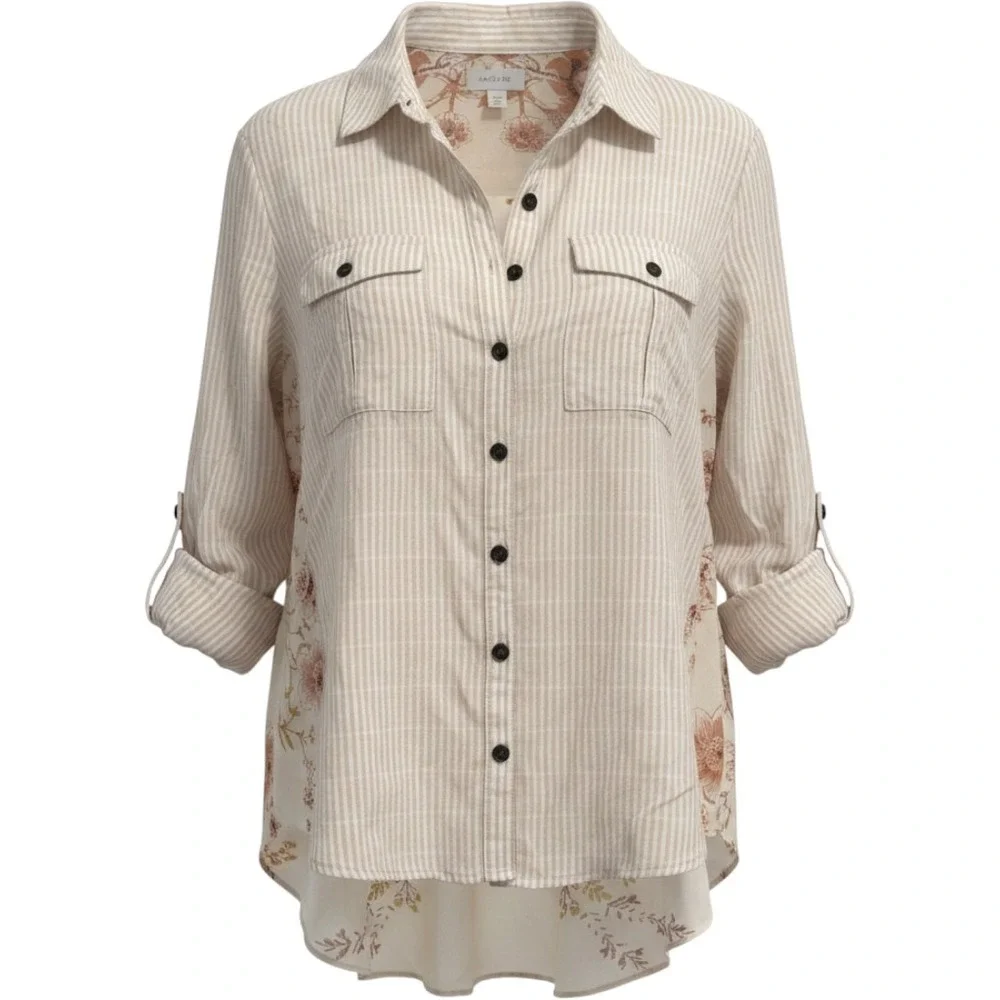 Free People sz S beige‎ stripe floral sheer long sleeve cotton blouse GG
